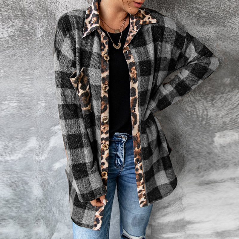 Leopard Color Contrast Plaid Long Sleeve Shirt Jacket wearshes