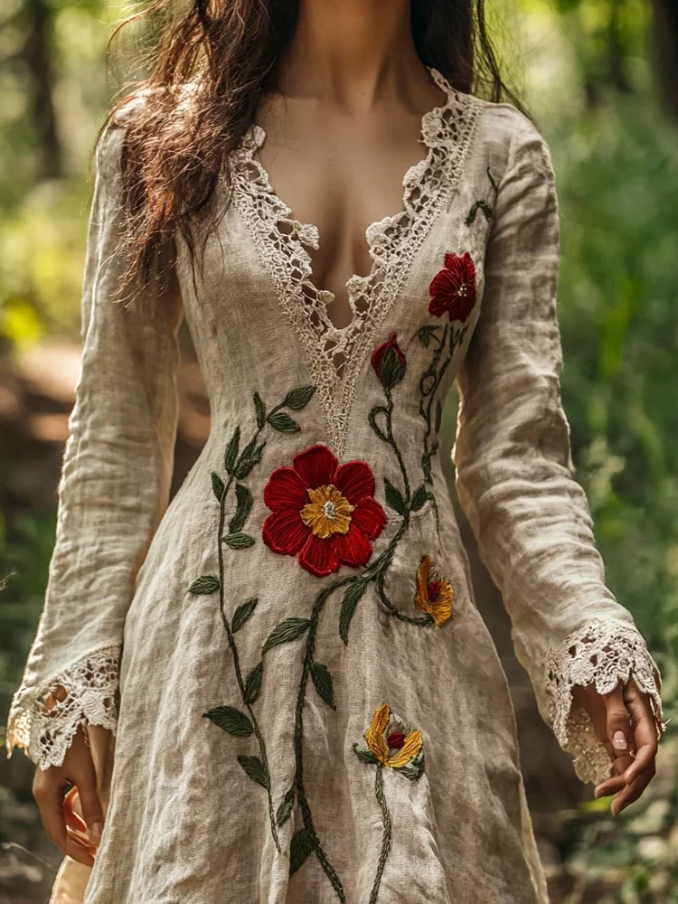 Utbros Boho Floral Embroidery Women's Linen Maxi Dress