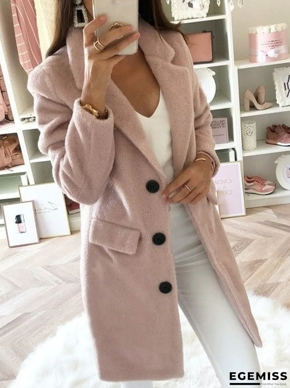 Autumn And Winter Solid Color Suit Collar Medium Long Double Row Button Wool Coat Women | EGEMISS