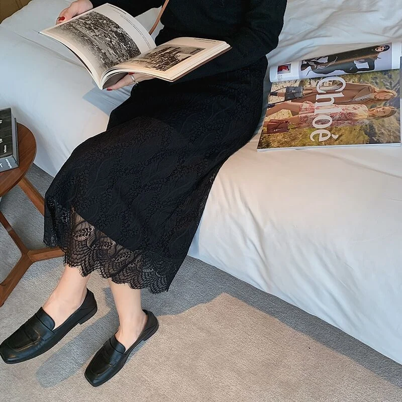 Uveng Uveng Autumn And Winter Lace Knitted Skirt Women With Sweater High-Waisted A Word Two Sides Wear Medium Long Wool Skirt Thick
