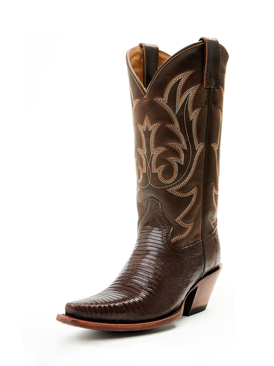 Brown Lizard Embossed Patchwork Snip Toe Chunky Heel Cowgirl Boots