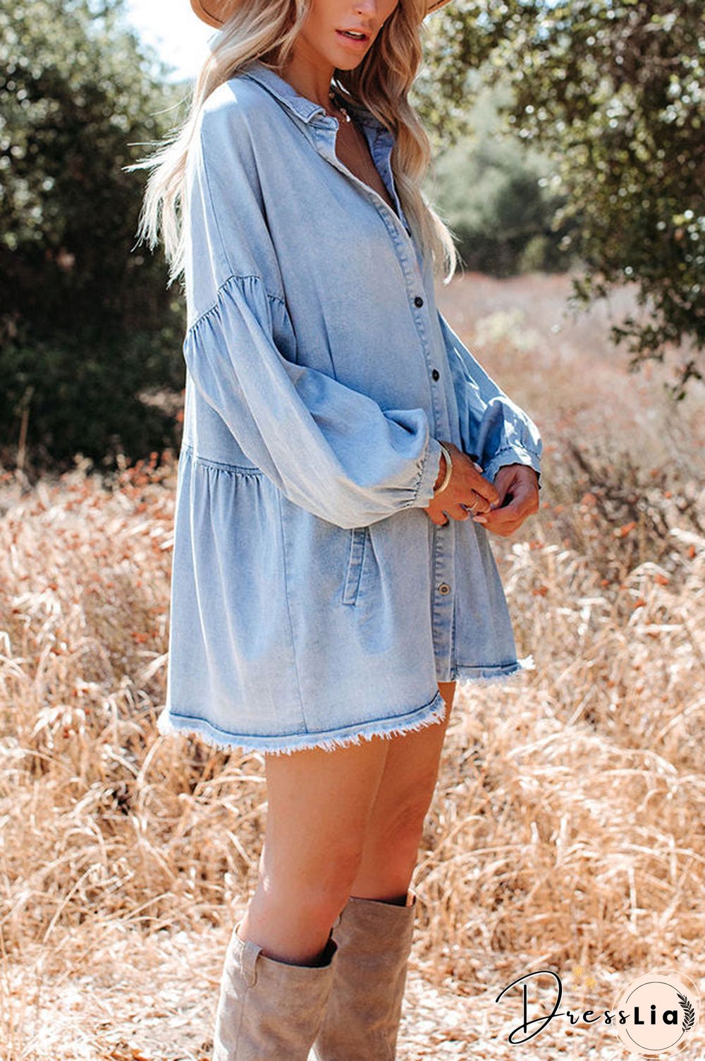 Frayed Hemline Button Long Sleeve Denim Dress