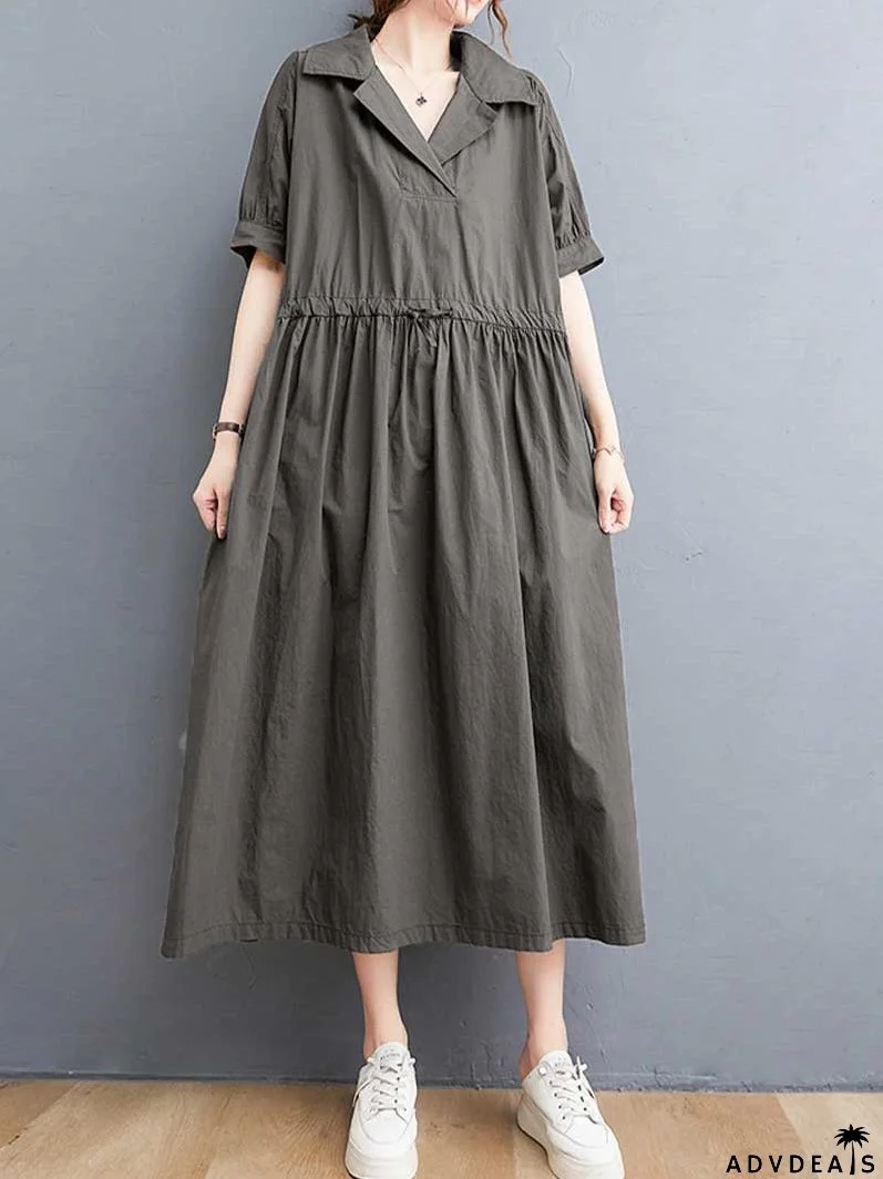 Plain Cotton Short Sleeve A-Line Dress