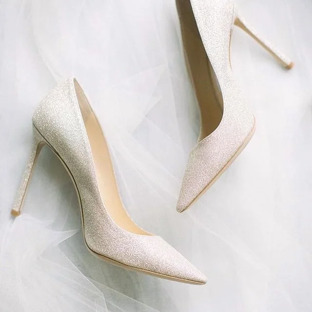 White Glitter Wedding Shoes Pointy Toe Stiletto Heels Pumps |FSJ Shoes