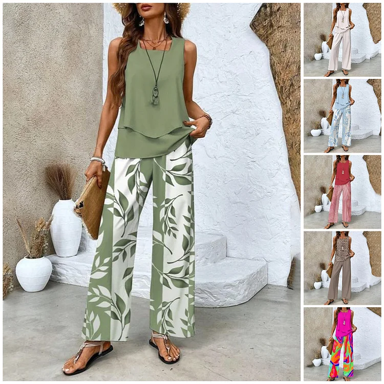 Trendiga 2-delade outfits med tryck för kvinnor Ärmlös topp och byxor