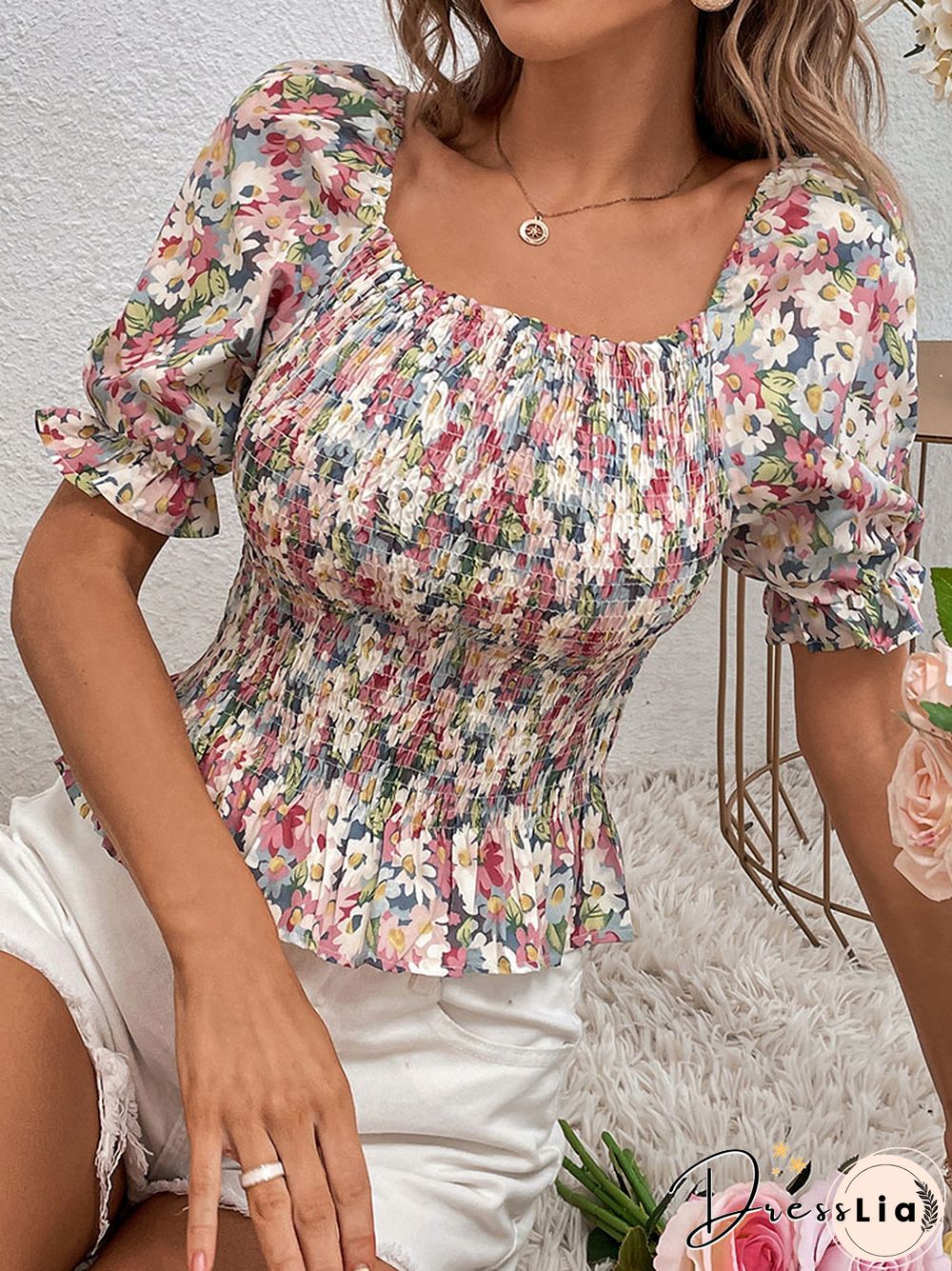 Women's Elegant Bodycon Blouses Top Summer Casual Print Square Neck Gathered Short Sleeve Floral Short Shirts Women Blouses