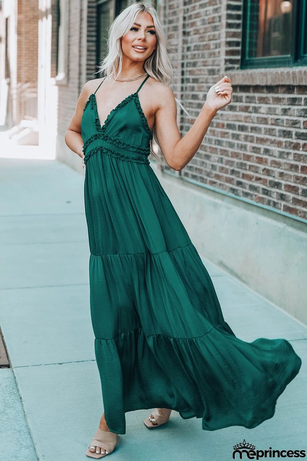 Cross Back Frilled Sleeveless Tiered Maxi Dress