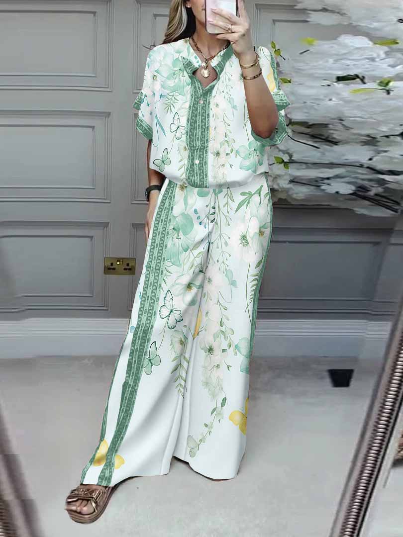 Women Floral, Green, Yellow DZDL1147 V-neck Short Sleeve Blouse and Pants Set