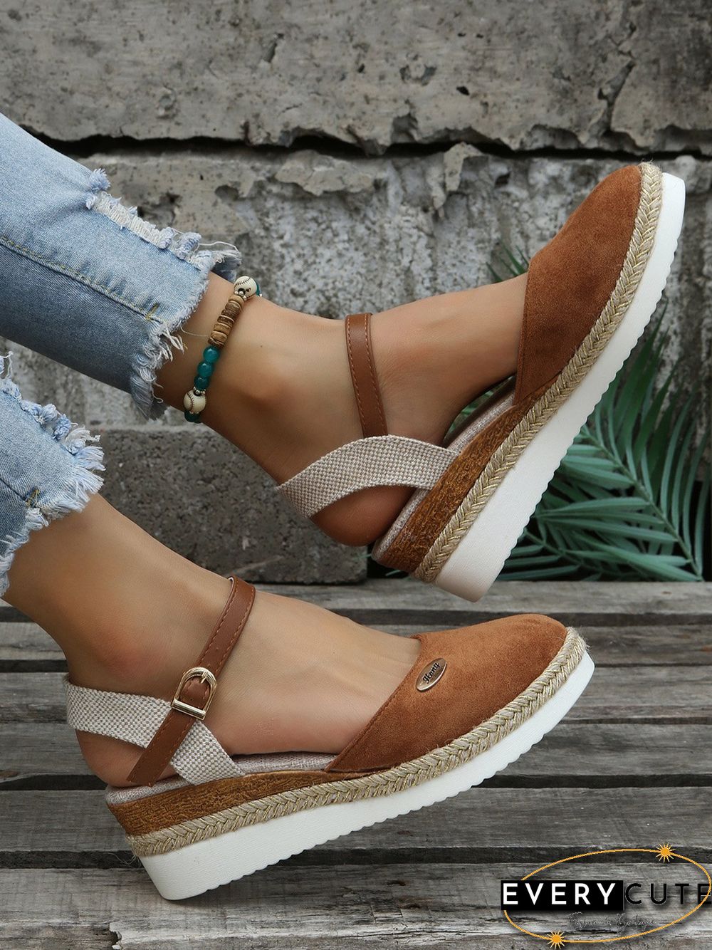 Women Color Block Summer Vacation Braided Non-Slip Block Heel Espadrille Sandals Adjustable Buckle EVA Wedges&Flatform