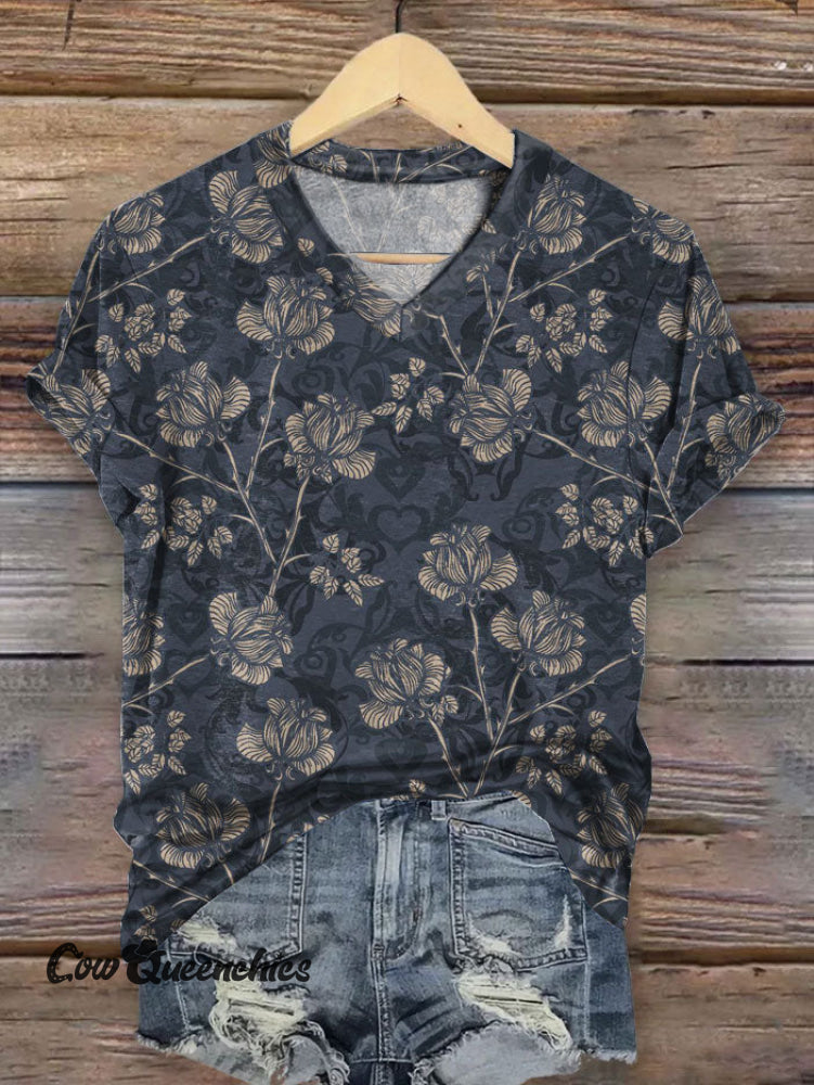 Women’s Vintage Print V-neck Casual T-Shirt Multicolor / S