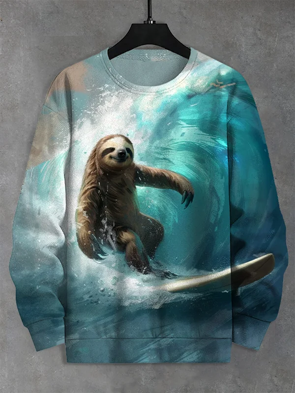 Men's Sloth Surfing A Wave Print Casual Sweatshirt