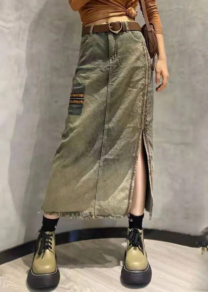 Fashion Photo Color Side Open Patchwork Tasseled Denim Skirt Summer