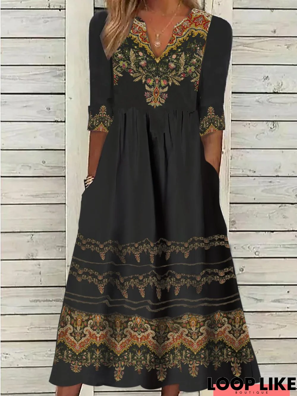 V Neck Ethnic Jersey Casual Dress