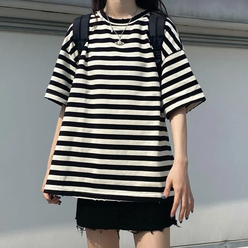 2021 summer Women harajuku Striped T-shirt short Sleeve O-Neck T-Shirts ulzzang Korean Casual oversized T Shirt Femme black Tops