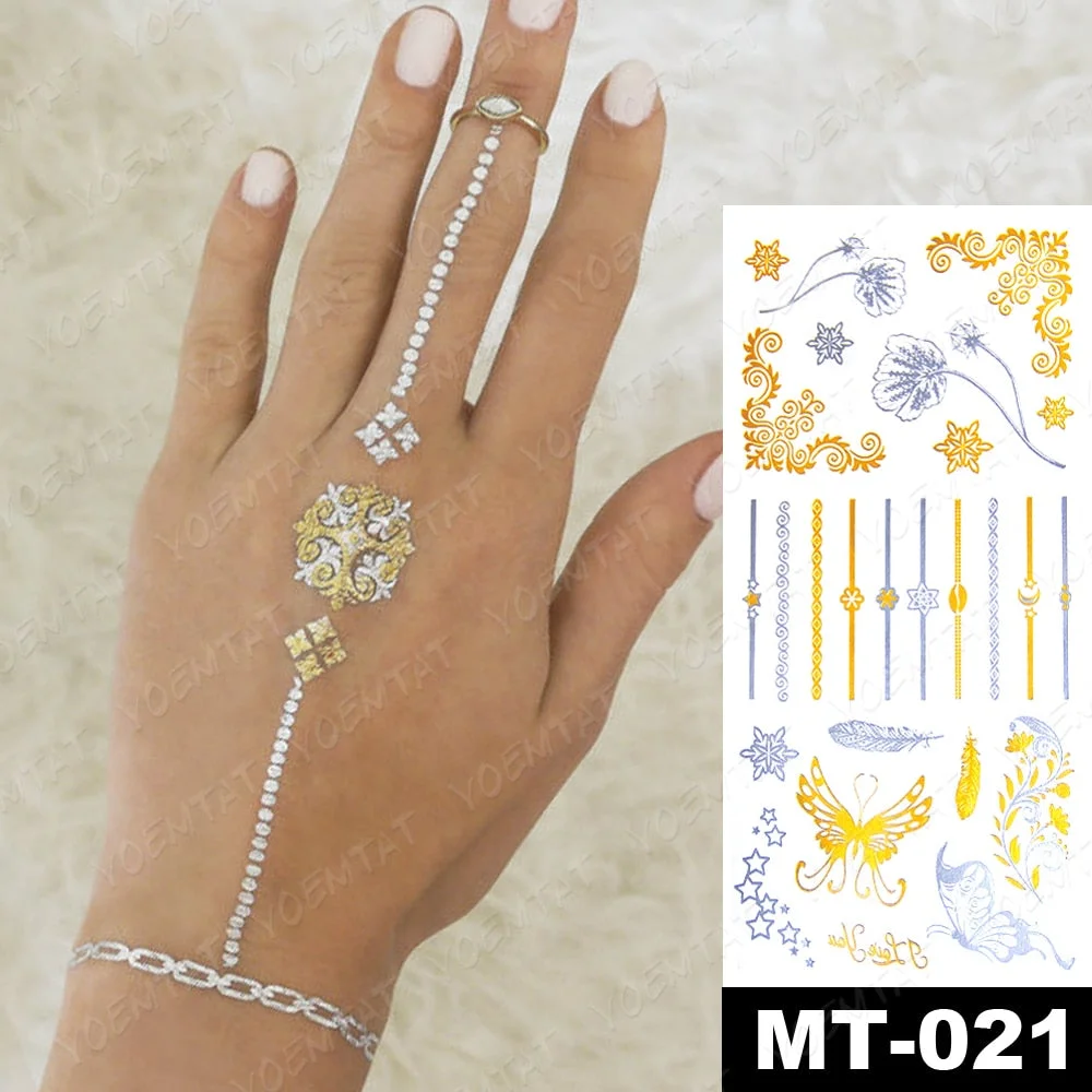 Waterproof Temporary Tattoo Sticker Ring Star Butterfly Gold Metallic Flash Tatoo Boho Feather Henna Glitter Bracelet Body Art