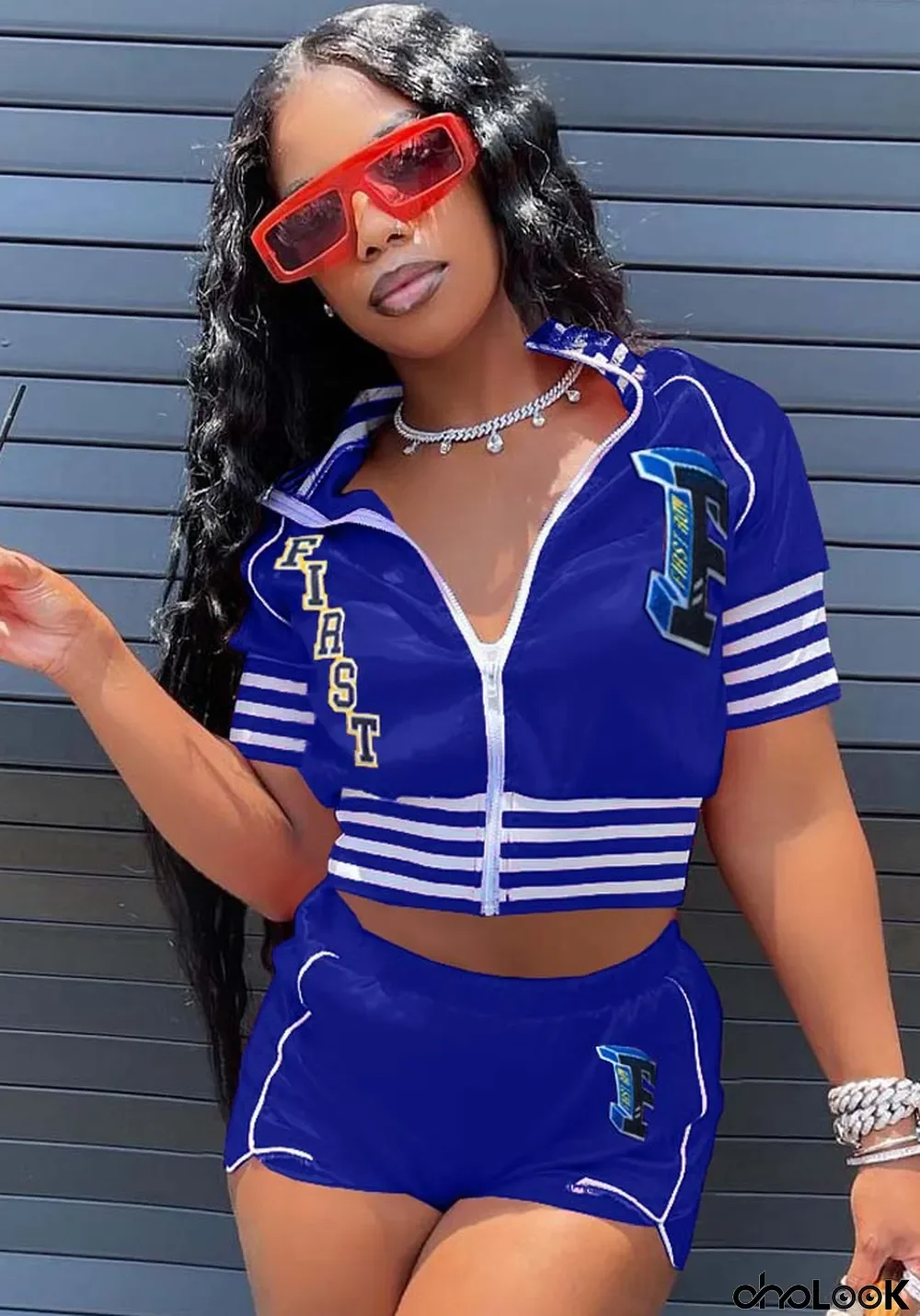 Women Summer Blue Casual Turn-down Collar Short Sleeves High Waist Letter Print Regular Two Piece Shorts Set