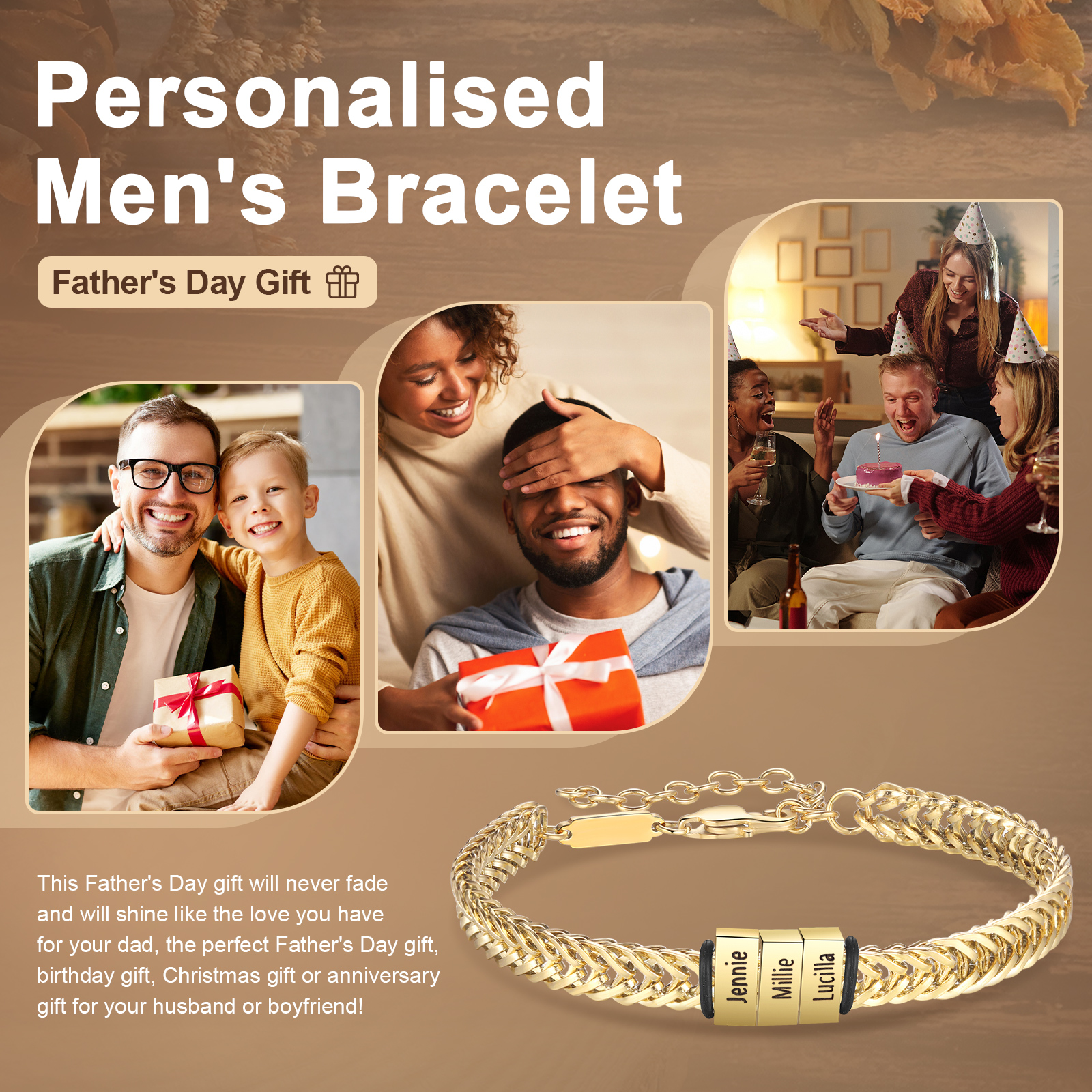 Braccialetto acciaio inox personalizzato con 4 nomi per uomo