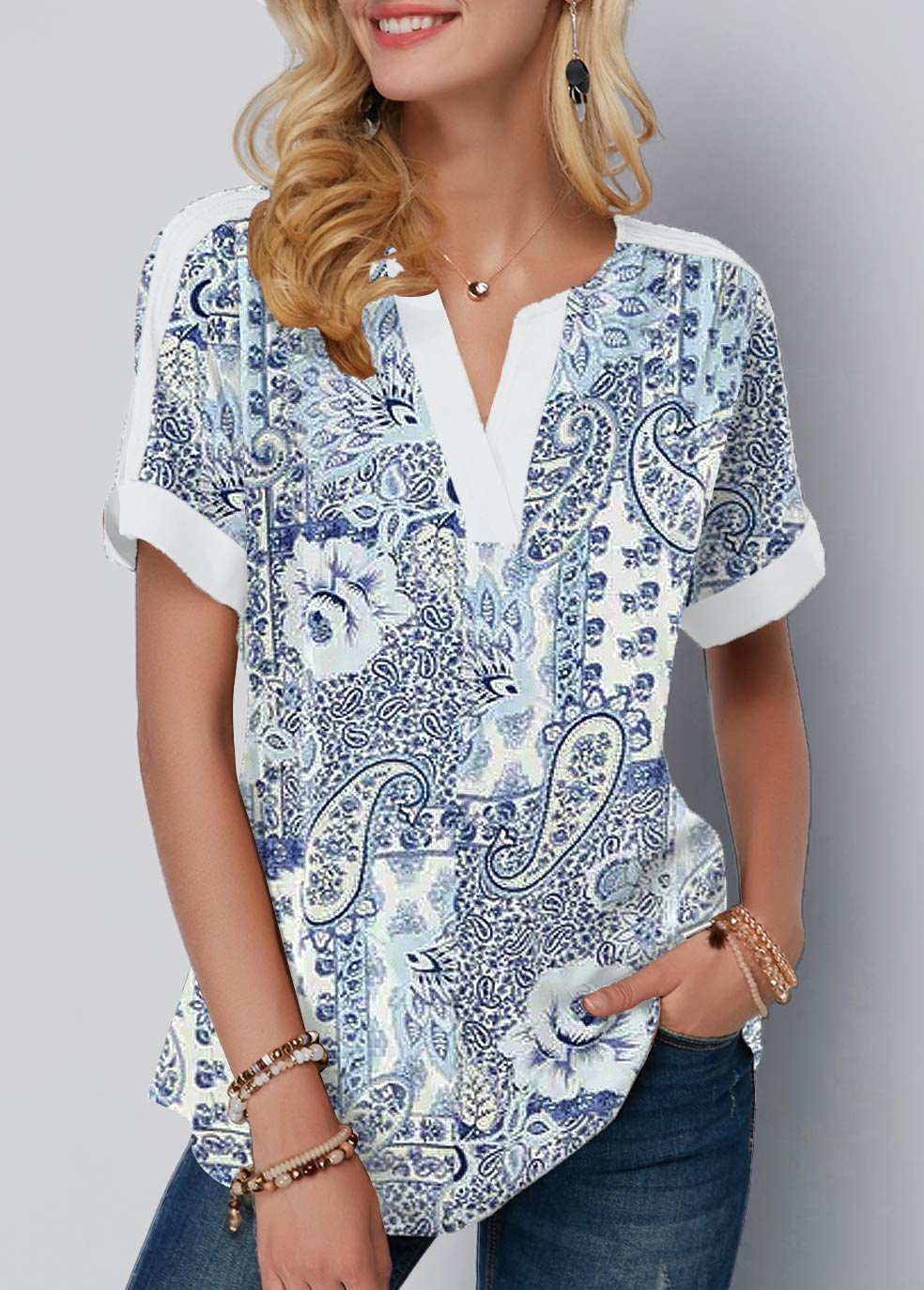 Paisley Print Split Neck Blue Blouse