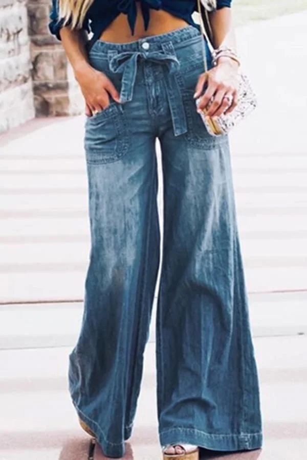 Womens Denim Wide-leg Pants(With Belt)-Allyzone-Allyzone