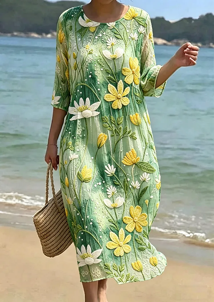 Women's Floral Embroidered Smocked Waist Midi Dress