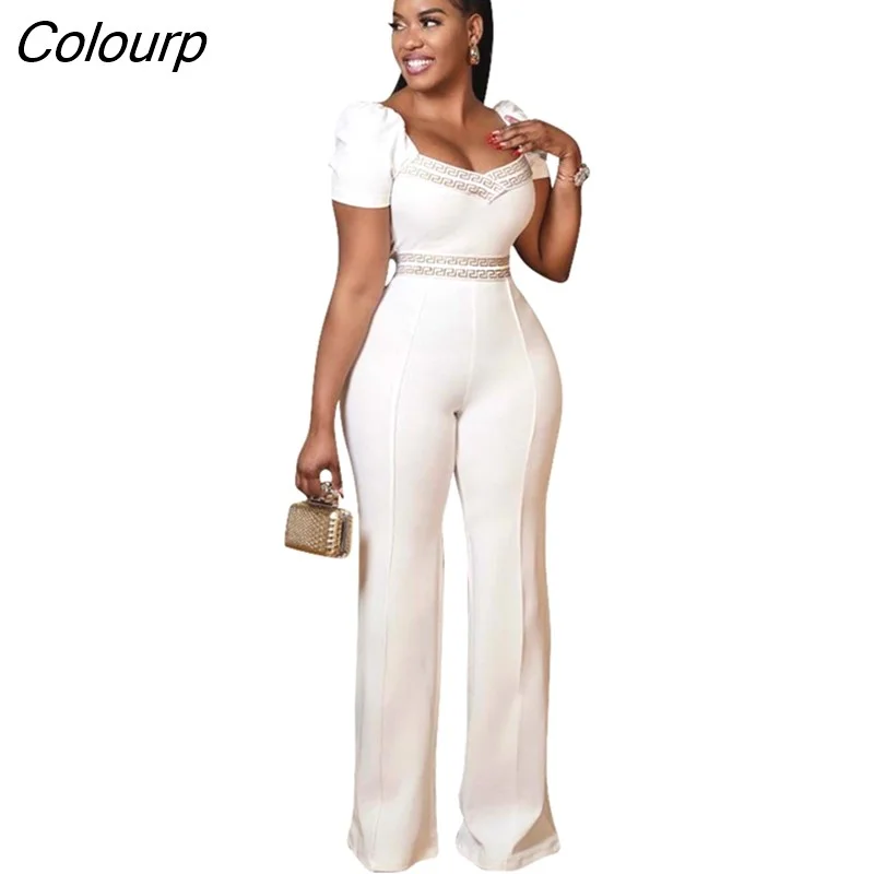 Colourp White Overalls Jumpsuits Playsuit Woman Long Pants Outfits Casual Jumpsuit Rompers Solid Elegance Short Sleeve Street