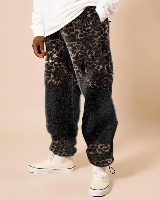 Fashion trend leopard print contrast color fleece men's casual pants