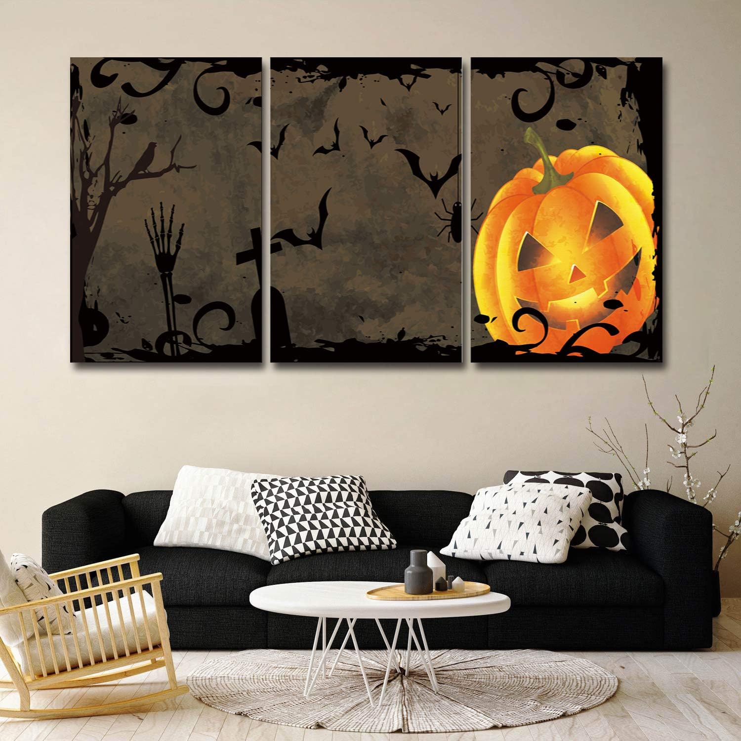 Halloween 3 Piece Framed Canvas Wall Art for Living Room Bathroom Bedroom Canvas Prints Office Kitchen Wall Artwork 16 inch  W x 20 inch  H x 3 Panels, Pumpkin Bats in Horror Cemetery