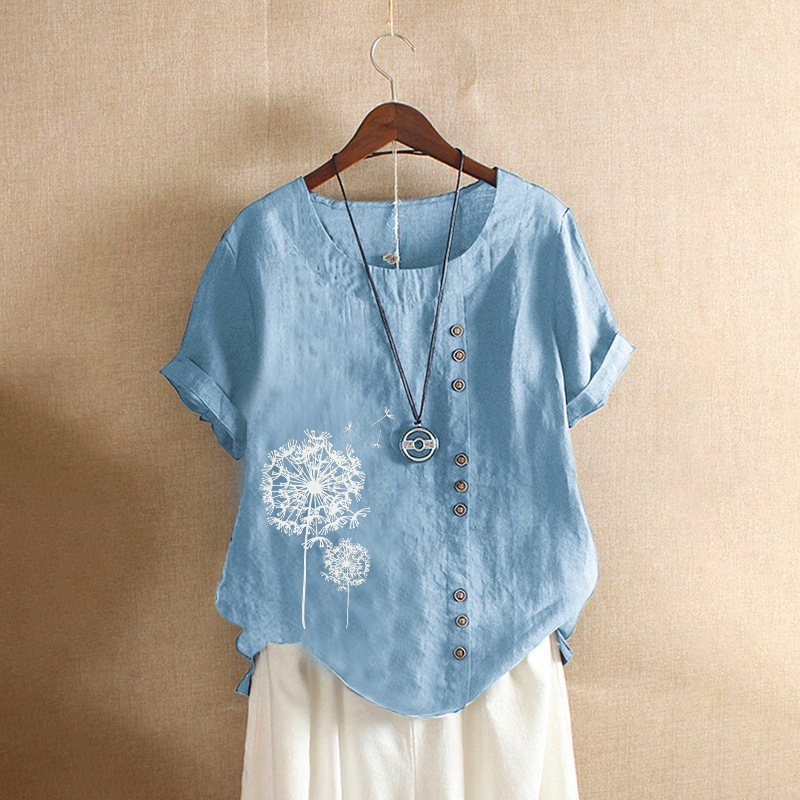Wicketwarriorss Leisure Dandelion Print Blouse Lady Summer Retro Casual Loose Short Sleeved Pullover Cotton Linen Shirt For Women's Clothing