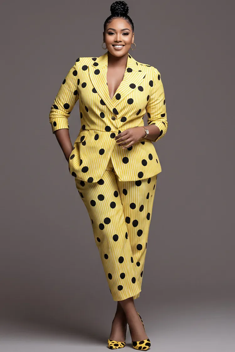 Xpluswear Design Plus Size Business Casual Yellow Polka Dot Lapel Collar Long Sleeve Pocket Two Piece Pant Suits [Pre-Order] 2024 - Xpluswear