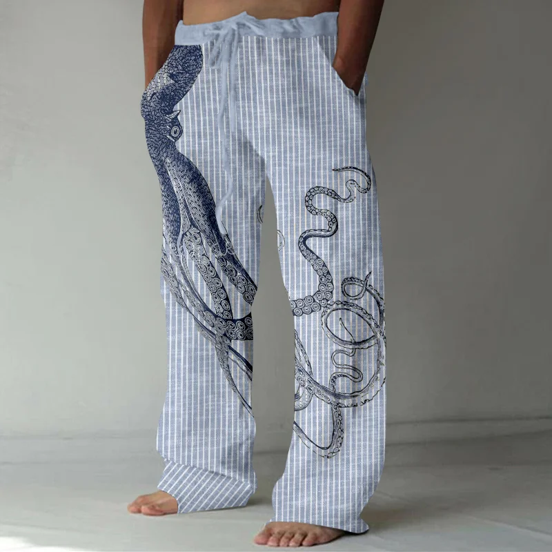 Japanese Art Stripe Octopus Print Casual Linen Blend Pants