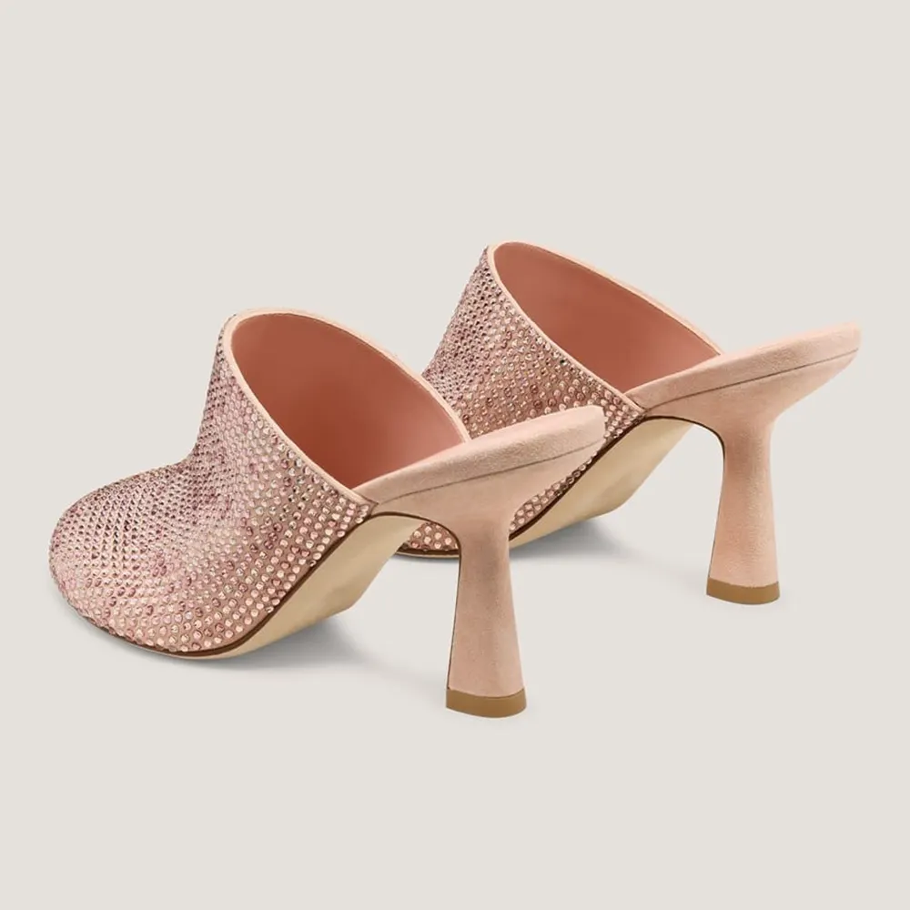 Pink Vegan Suede Rhinestone Round Toe Flared Heeled Mules