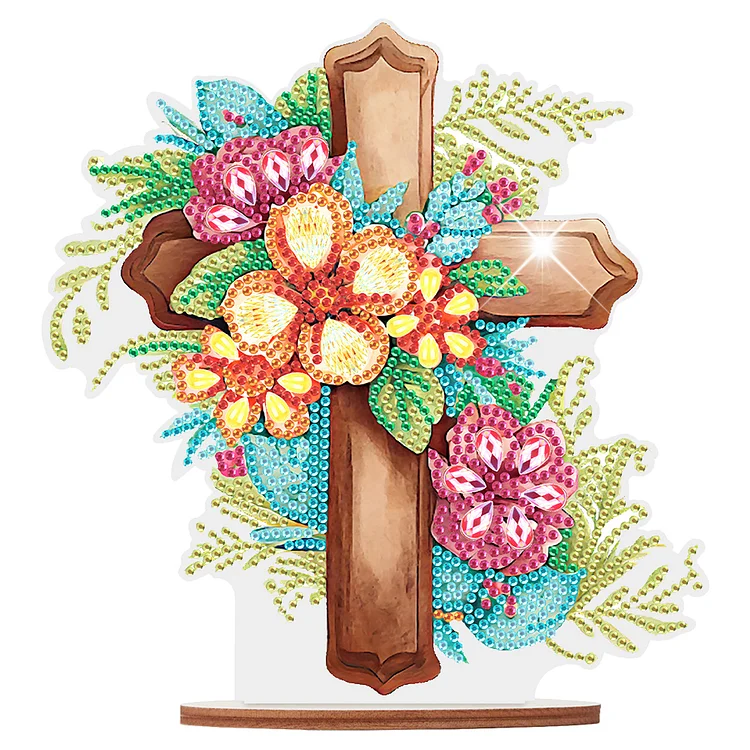 Wooden Special Shaped Flower Cross Desktop Diamond Art Kits for Adults Beginner