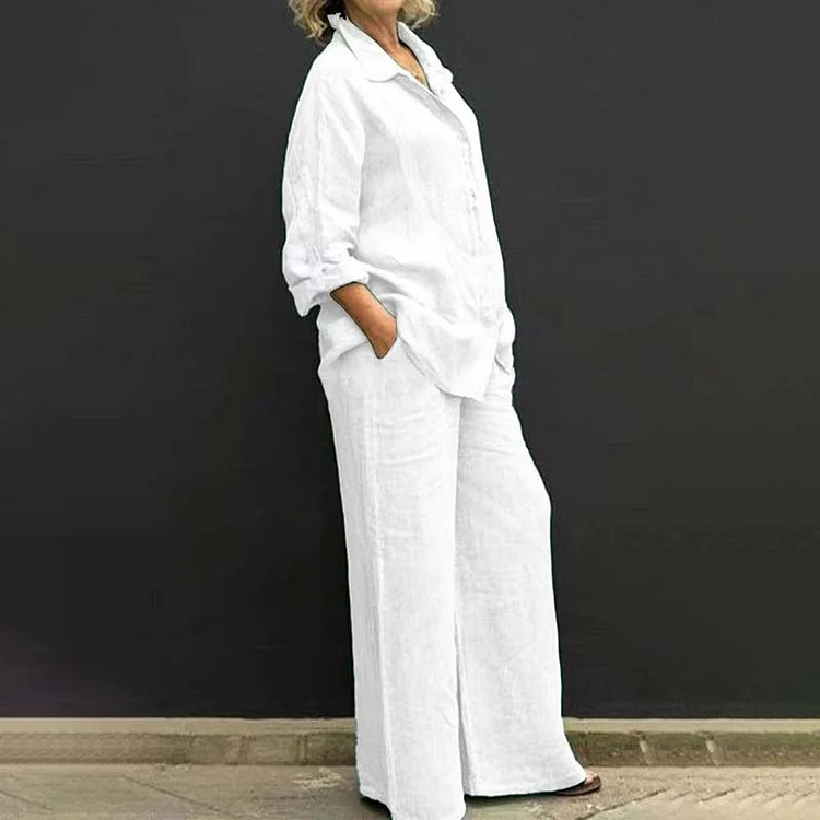 Solid Linen Lapel Shirt and Relaxed Straight Leg Pants Two Piece Set