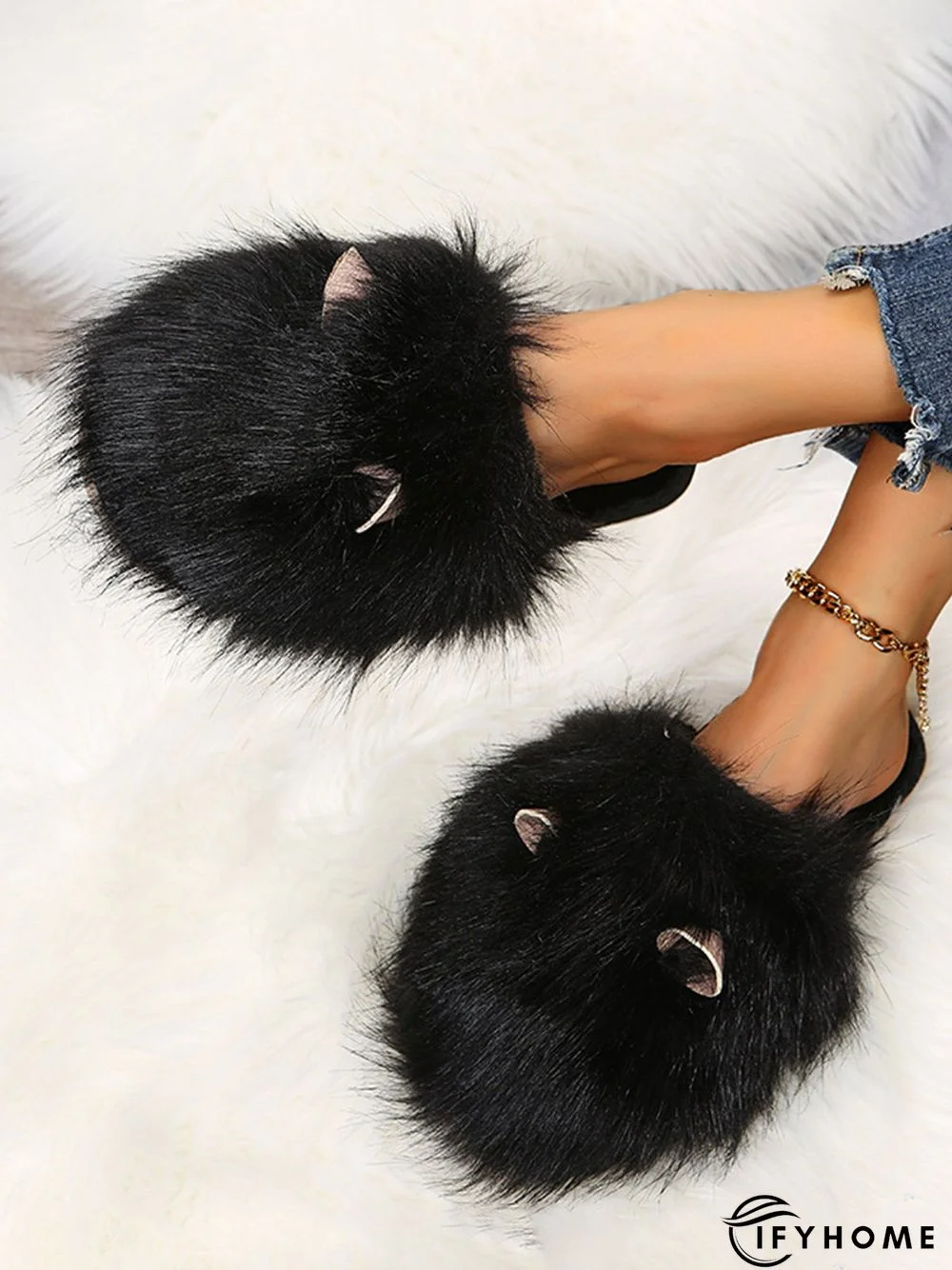 Cute Cat Ears Mohair Warm Fleece Indoor Slippers | IFYHOME