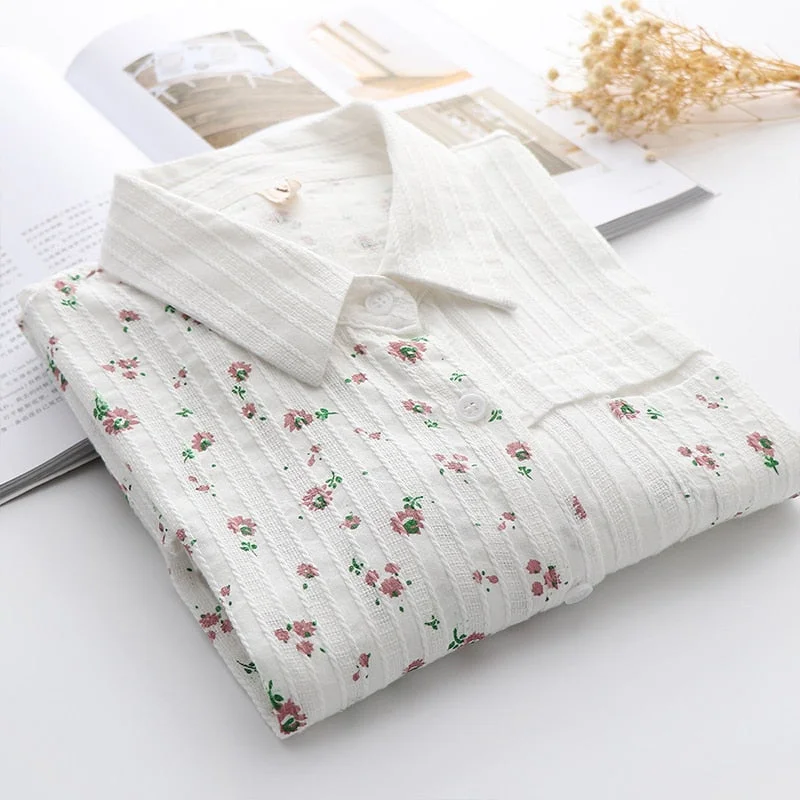 Autumn New Women Floral Print Cotton White Shirt Full Sleeve Button Up Casual Pockets Patchwork Blouse Spring Girl Sweet Tops T1