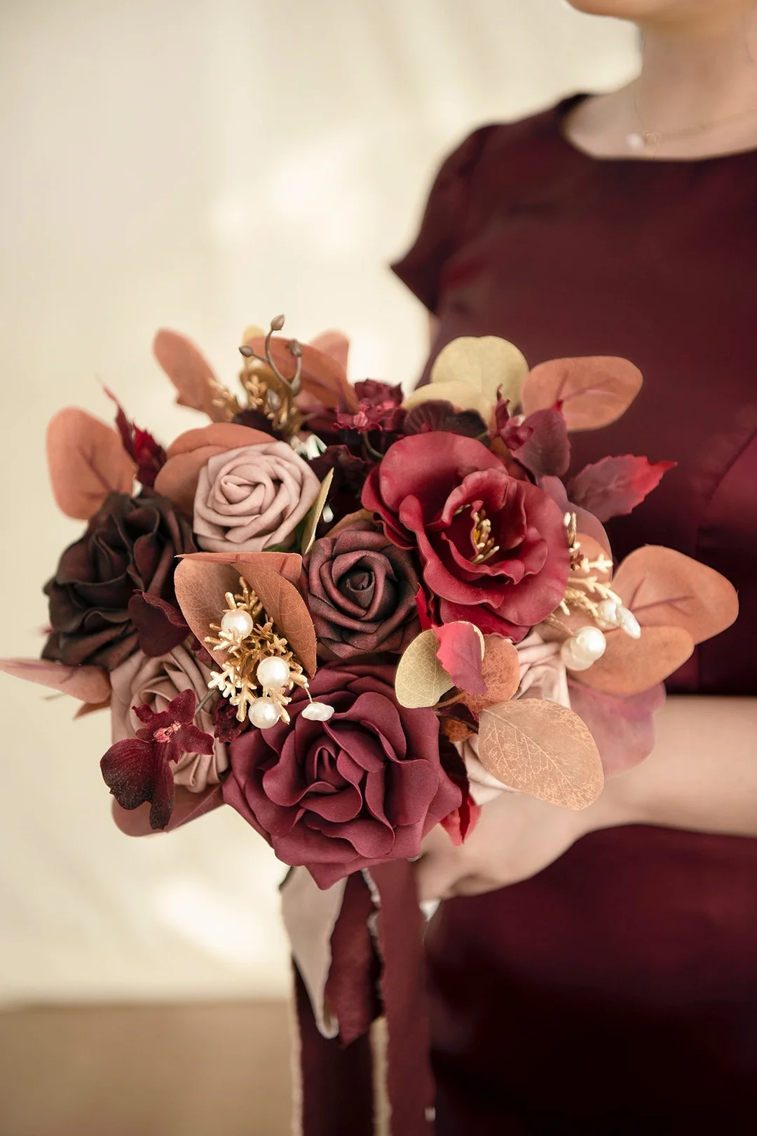 Free-Form Bridesmaid Bouquets in Burgundy & Dusty Rose