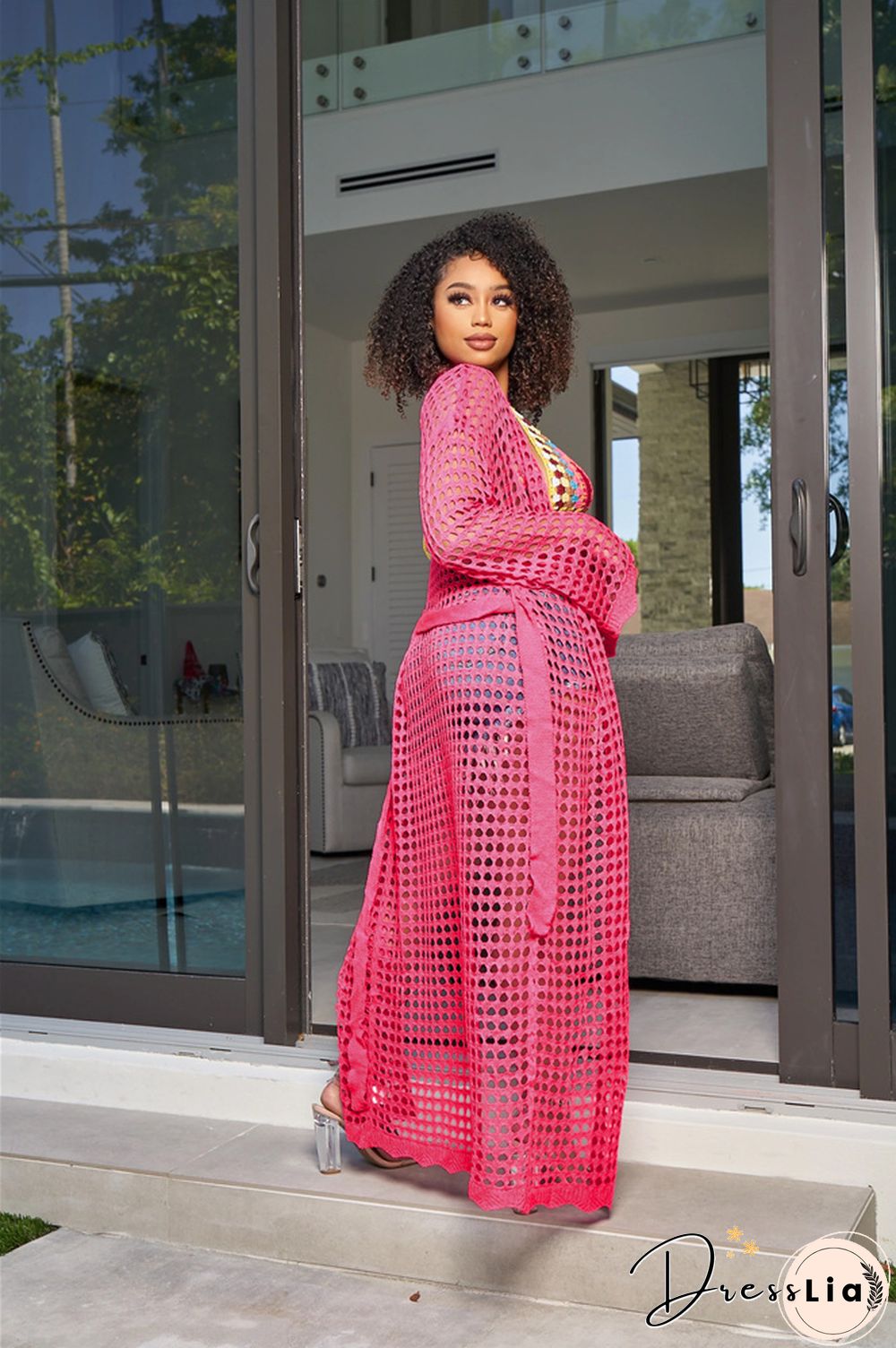 Beachwear Long Sleeve Mesh Grid Cardigan Cover-ups