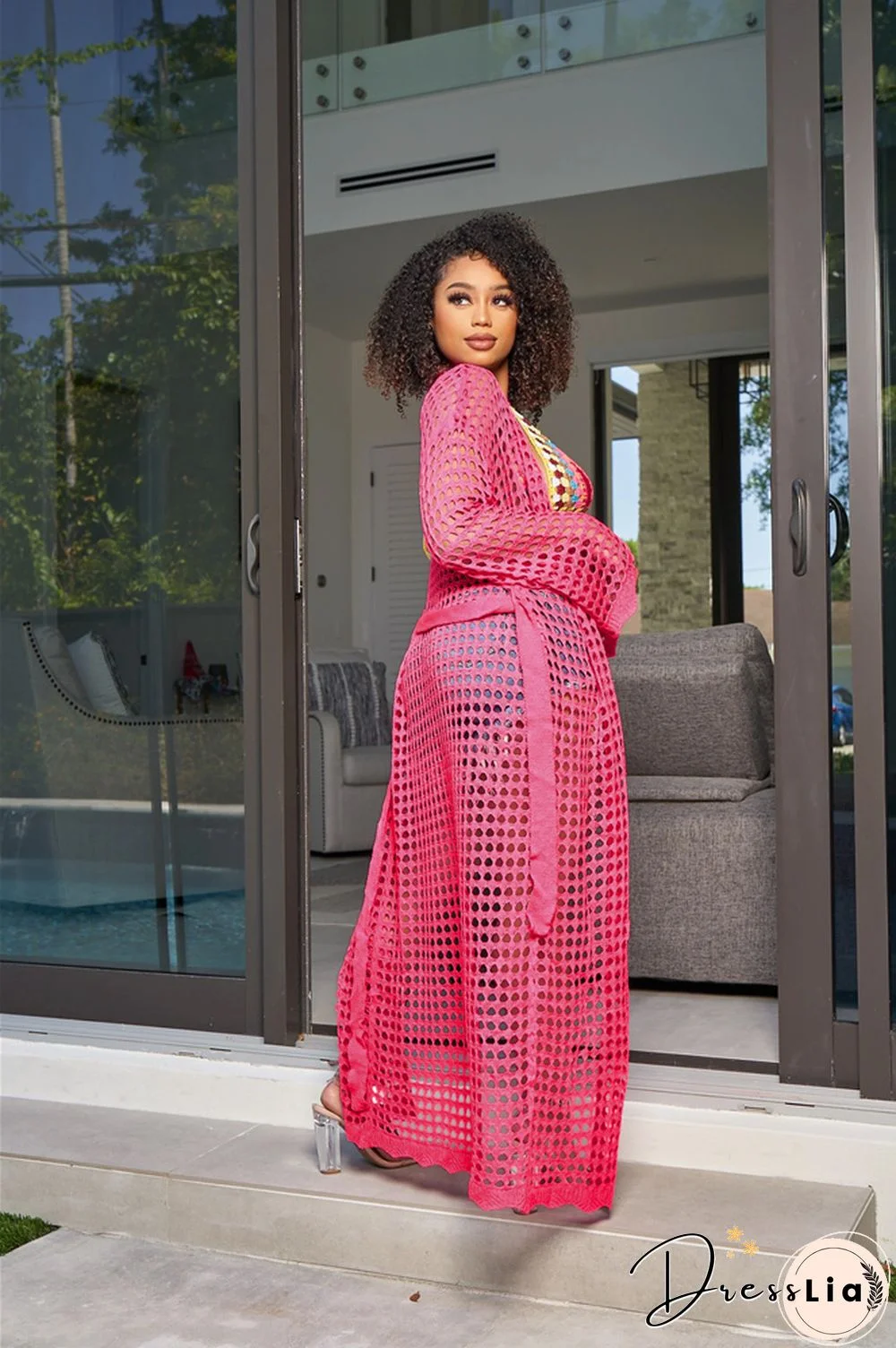 Beachwear Long Sleeve Mesh Grid Cardigan Cover-ups