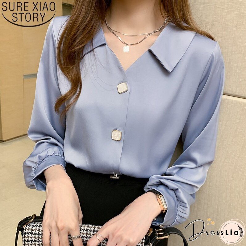 Autumn Long Sleeve Loose Shirt and Blouse Solid V-neck Shirt Office Lady Fashion Blouses Women Tops Blusas Clothes 11008