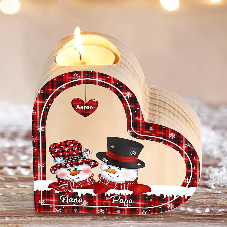 3 Names-Custom Christmas Wooden Candlestick-Personalized Names Snowman Heart Candle Holder Christmas Gift for Family