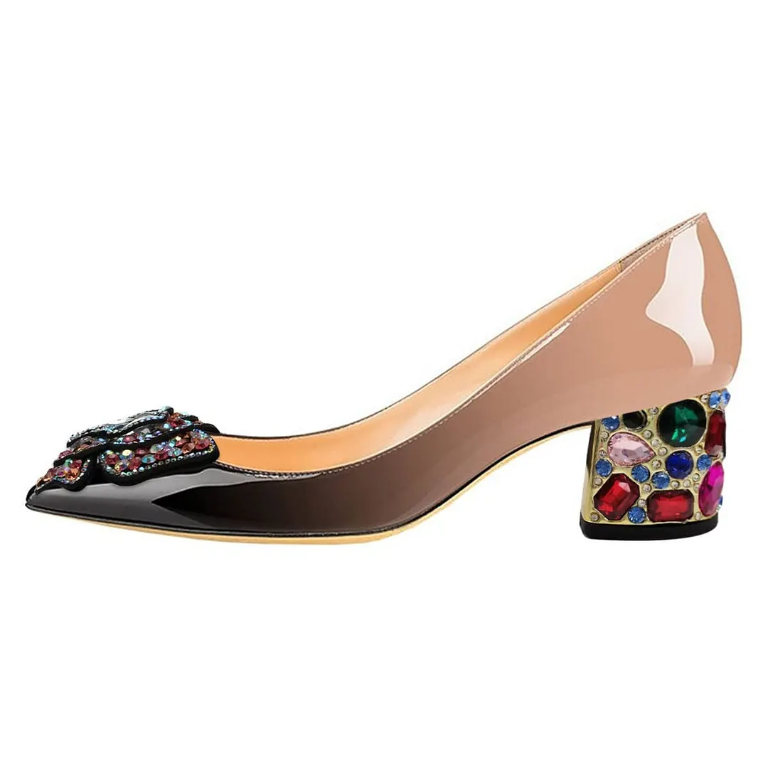 Rhinestone Butterfly Block Heel Ombre Nude & Black Pumps Shoes