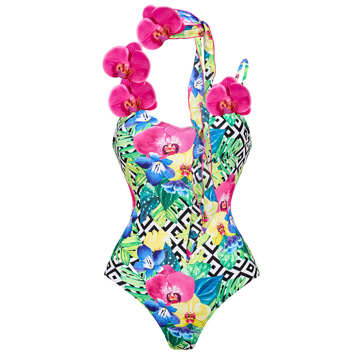 3D orchid Print Ribbon One Piece Swimsuit and Sarong