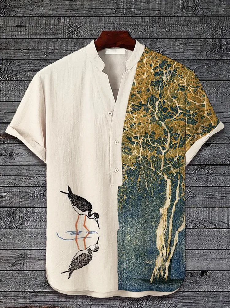 Men's Japanese Art Bird Print Half Button Short Sleeve Shirt