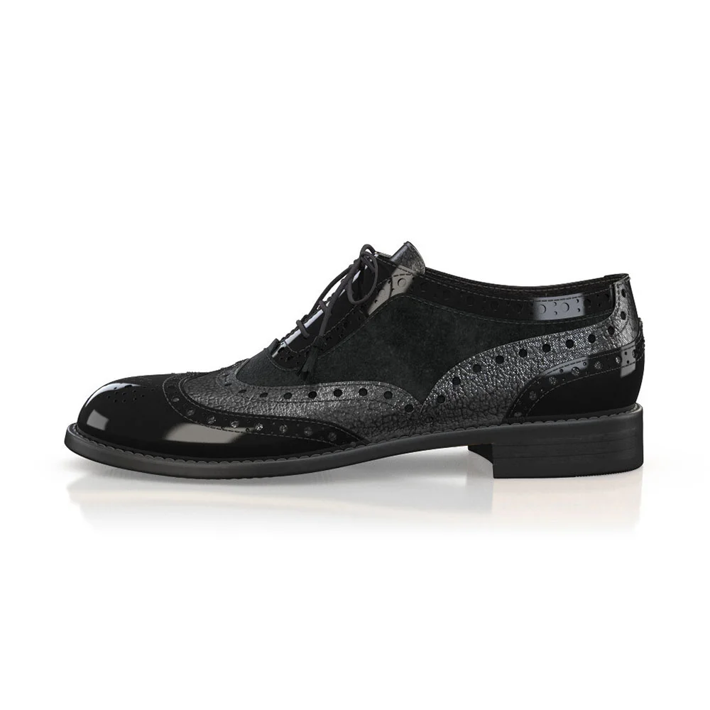 FSJ Black Splicing Women's Wingtip Shoes Round Toe Brogue Oxfords Nicepairs