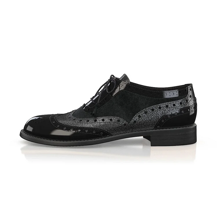 FSJ Black Splicing Women's Wingtip Shoes Round Toe Brogue Oxfords |FSJ Shoes