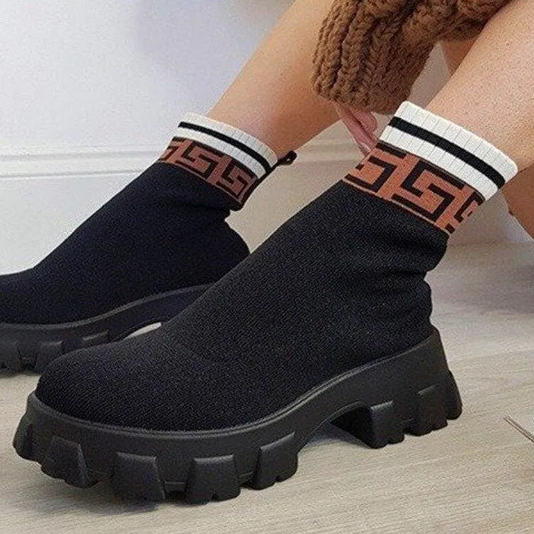 Ankel Boots for Women Platform Black Shoes Knitted Sock Booties Woman Fashion Motorcycle Boots Botas De Invierno Para Mujer
