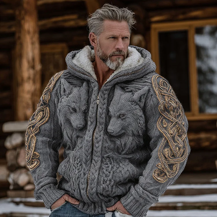 Men's Viking Celtic Knot Wolf Art Cozy Knit Hooded Sweater Jacket