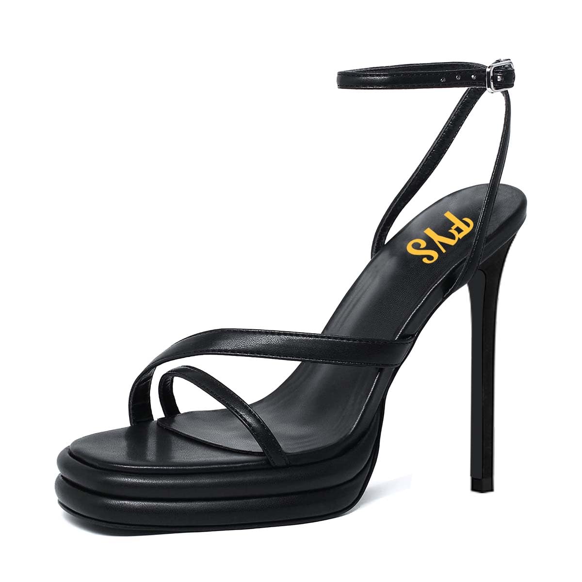 Black Open Toe Stiletto Heel Platform Sandals with Buckle Ankle Strap Nicepairs