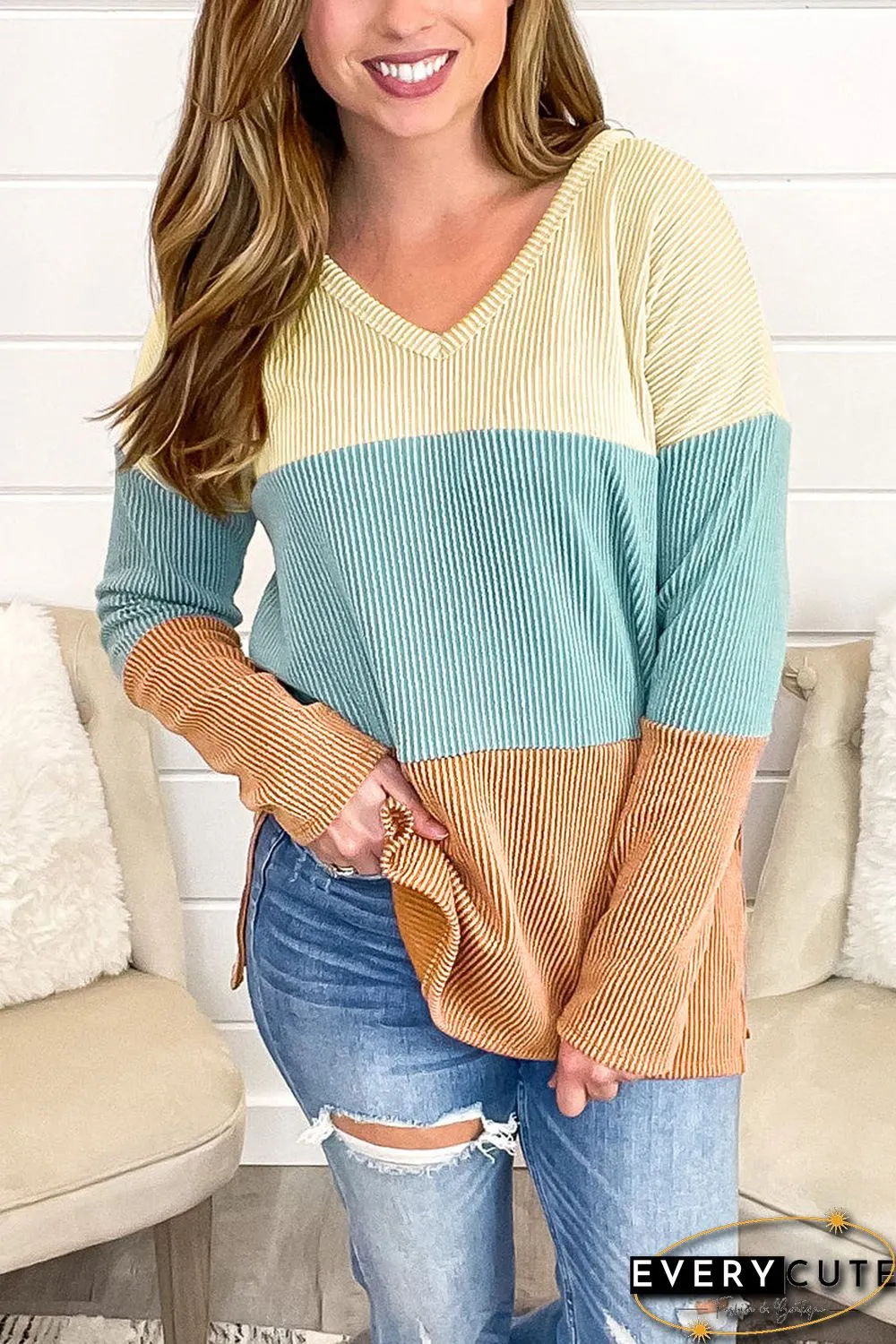 Multicolor Color Block Wavy Ribbed Pullover