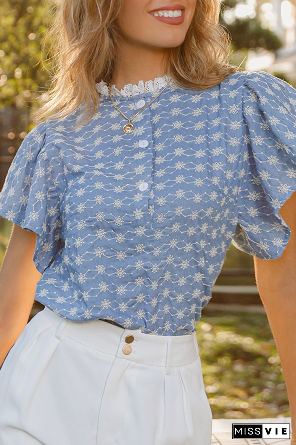 Lace Neck Ruffle Hollow-Out Blouse